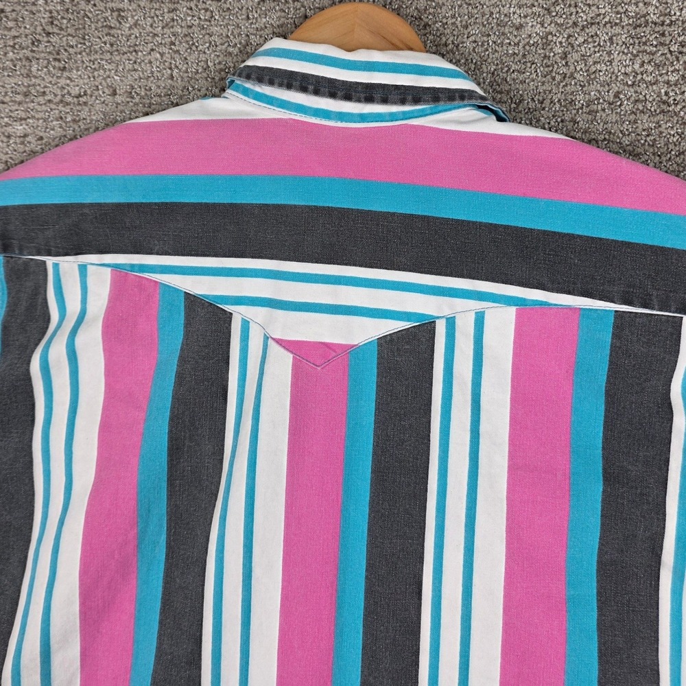 Vintage Wrangler Brushpopper Mens Western Shirt Pink Striped X-Long Tails 17x36 - Picture 6 of 10
